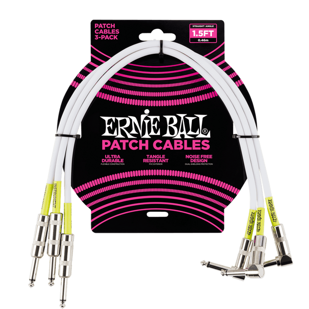 Ernie Ball 6056 Patch Weiß 46 cm Monoklinke/Monoklinke Gerade/Gewinkelt 3er-Pack Patchkabel