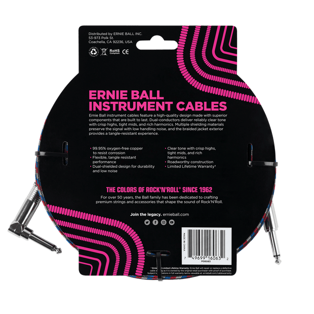 Ernie Ball 6063 Braided BK/RD/BL/WH 7,62 m Monoklinke/Monoklinke Gerade/Gewinkelt Instrumentenkabel