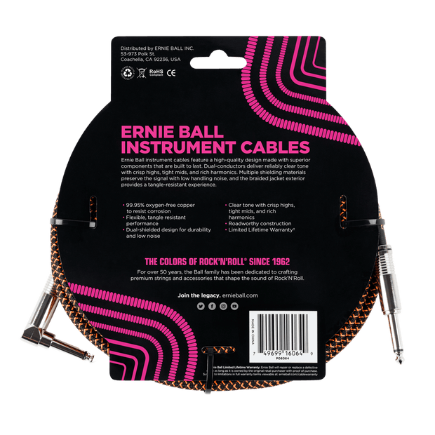 Ernie Ball 6064 Braided BK/OR 7,62 m Monoklinke/Monoklinke Gerade/Gewinkelt Instrumentenkabel