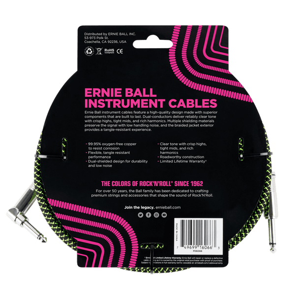 Ernie Ball 6066 Braided BK/GR 7,62 m Monoklinke/Monoklinke Gerade/Gewinkelt Instrumentenkabel