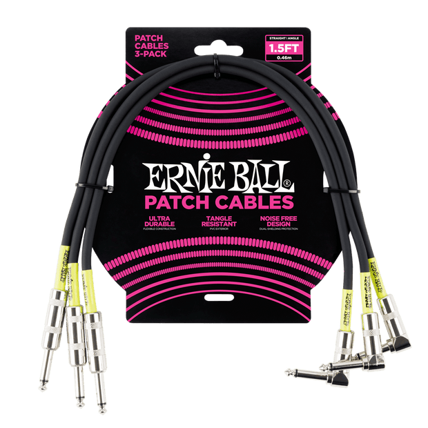 Ernie Ball 6076 Patch Schwarz 46 cm Monoklinke/Monoklinke Gerade/Gewinkelt 3er-Pack Patchkabel