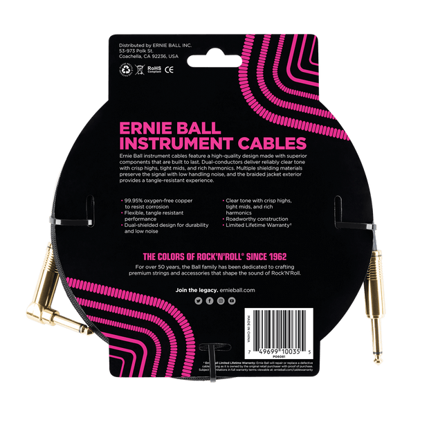 Ernie Ball 6081 Braided Schwarz 3,05 m Monoklinke/Monoklinke Gerade/Gewinkelt Instrumentenkabel