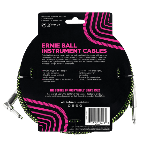 Ernie Ball 6082 Braided BK/GR 5,49 m Monoklinke/Monoklinke Gerade/Gewinkelt Instrumentenkabel