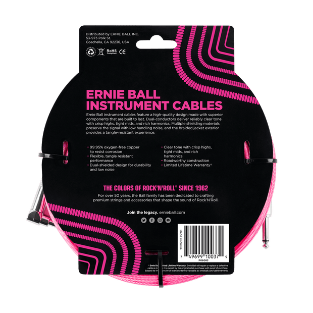 Ernie Ball 6083 Braided Neon Pink 5,49 m Monoklinke/Monoklinke Gerade/Gewinkelt Instrumentenkabel